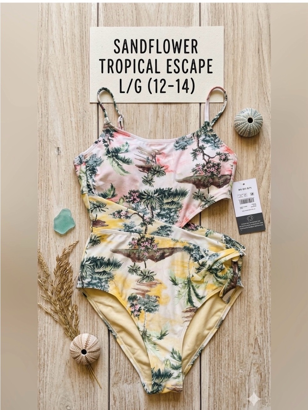 NWT Sandflower Tropical Cut-Out One Piece Swimsuit Landscape Print Large